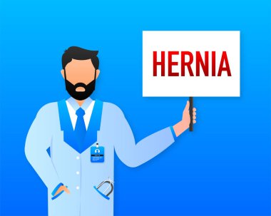 Hand holding signboard with text - hernia. Man showing billboard banner. Vector illustration clipart