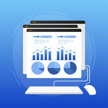Rapor tasarımı için düz karakter analizi yapan insanlar. Vektör çizimi. Mali izometrik