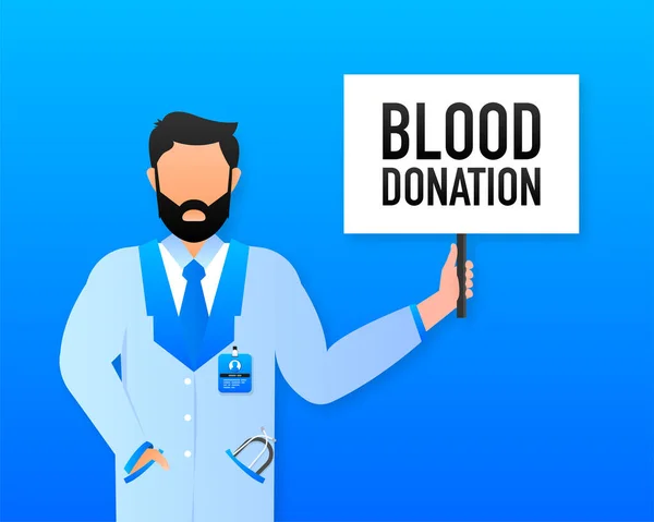 Hand Holding Signboard Text Blood Donation Man Showing Billboard Banner — Stock Vector