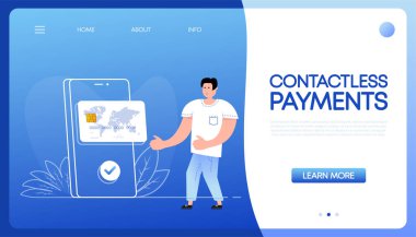 İnsanlar mağazadan satın almak için temassız ödeme yapıyorlar. Vektör düz çizim. Dijital banka. Çevrimiçi mağaza.