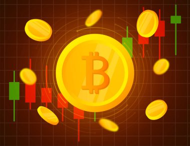 Bitcoin coin, online trading Crypto currency. Technical analysis candlestick chart. Stock exchanges index.
