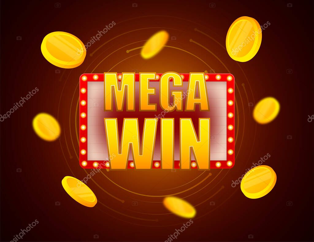 Mega win text on lightbox. Gold coin. Casino bonus