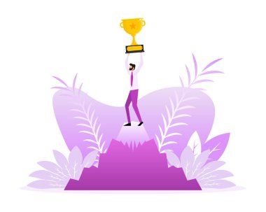 Success award people in flat style on gold background. Champion trophy, gold cup. Flat illustration