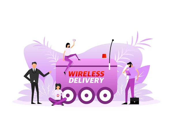 Icona Consegna Wireless Con Persone Piatte Illustrazione Vettoriale — Vettoriale Stock
