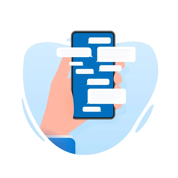 Mano Tiene Telefono Con Messaggio Chat Sfondo Blu Illustrazione Vettoriale — Vettoriale Stock
