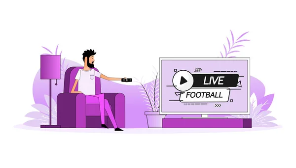 Man Sits Couch Switch Channel Live Football — 图库矢量图片