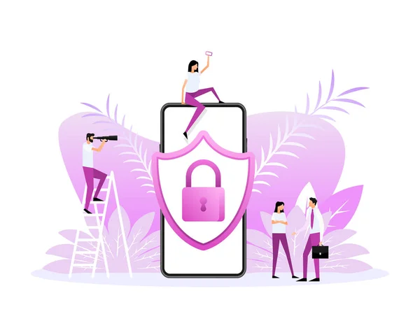 Cartoon Secure Lock People Digital Bank Flat Vector Illustration — 图库矢量图片