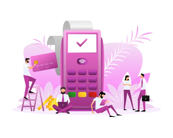 Pos Terminal Smartphone White Background Flat Style People Vector Illustration — Image vectorielle