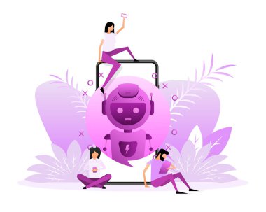 Mobil uygulama tasarımı için robot insanlarla düz model. İzometrik vektör illüstrasyonu