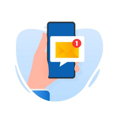 Beyaz arkaplandaki yeni posta iletisiyle el ele tutuştuk. Vektör illüstrasyonu