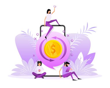 Nakit konsept logosu. Düz stil karakterler. Beyaz arka planda mavi pankartı nakde çevirin.