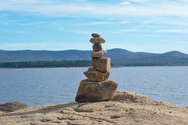 Pile Stones Stacked Lake Symbol Inner Balance Lake Mountain Pine — Stock Photo, Image