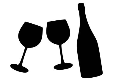 Şişede şarap ve bardaklar. Vektör resmi.