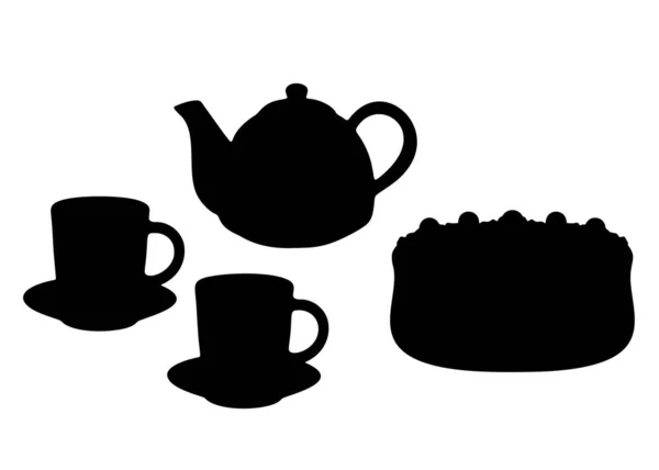 一个杯子和一个蛋糕与茶壶在一组 矢量图像 — 图库矢量图片