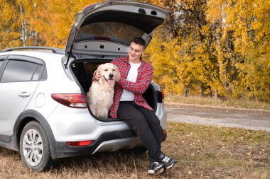 Bir adam köpeğiyle sonbahar ormanında bir arabanın bagajında oturur. Bir evcil hayvanla seyahat etmek. Golden retriever ve sahibinin doğasına bir gezi..