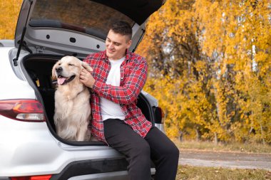 Bir adam köpeğiyle sonbahar ormanında bir arabanın bagajında oturur. Bir evcil hayvanla seyahat etmek. Golden retriever ve sahibinin doğasına bir gezi..