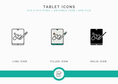 Tablet simgeleri vektör illüstrasyonunu katı simge çizgisi biçiminde ayarlar. Elektronik akıllı cihaz konsepti. Web tasarımı, kullanıcı arayüzü ve mobil uygulama için izole edilmiş arkaplan üzerinde düzenlenebilir vuruş simgesi