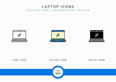 Laptop simgeleri vektör illüstrasyonunu katı simge çizgisi biçiminde ayarlar. Elektronik akıllı cihaz konsepti. Web tasarımı, kullanıcı arayüzü ve mobil uygulama için izole edilmiş arkaplan üzerinde düzenlenebilir vuruş simgesi