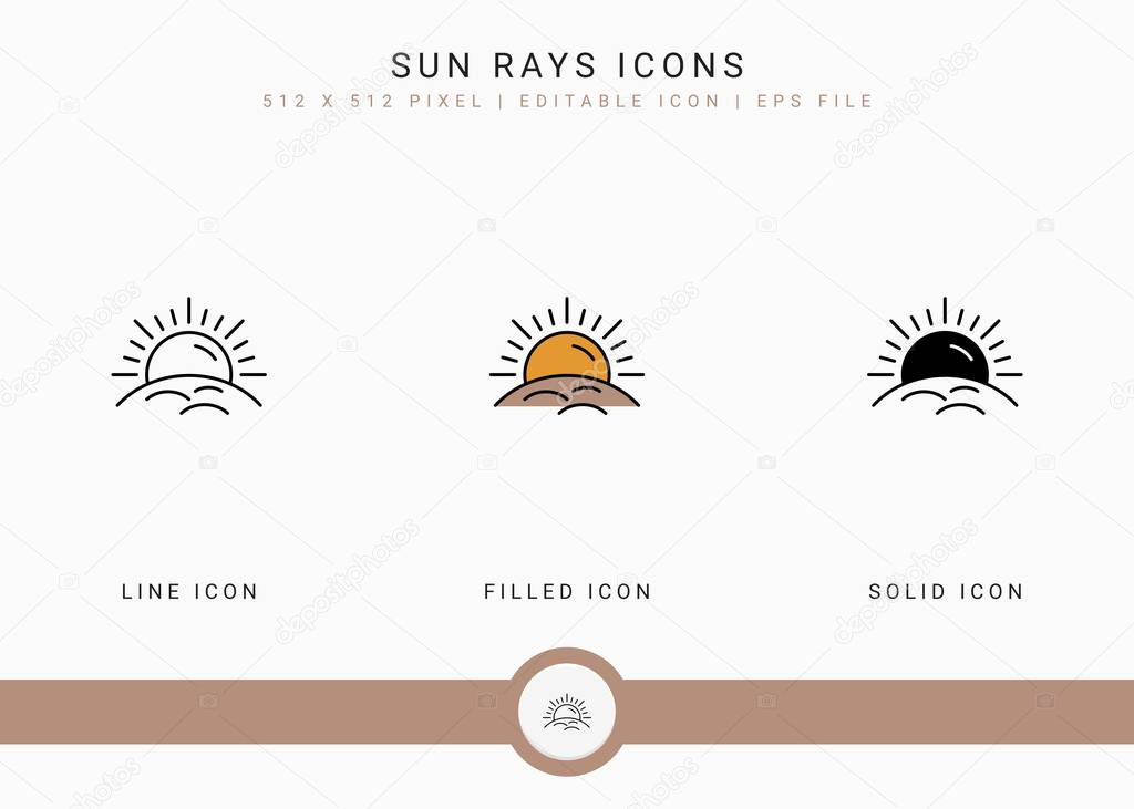 Sun rays icons set vector illustration with solid icon line style. Ultraviolet protection concept. Editable stroke icon on isolated white background for web design, user interface, and mobile application