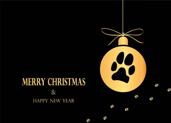 Kedi / köpek pençe izli basit bir Noel balosu. Vektör çizimi. Siyah arka planda altın tasarım. Mutlu Noeller evsiz hayvanlara