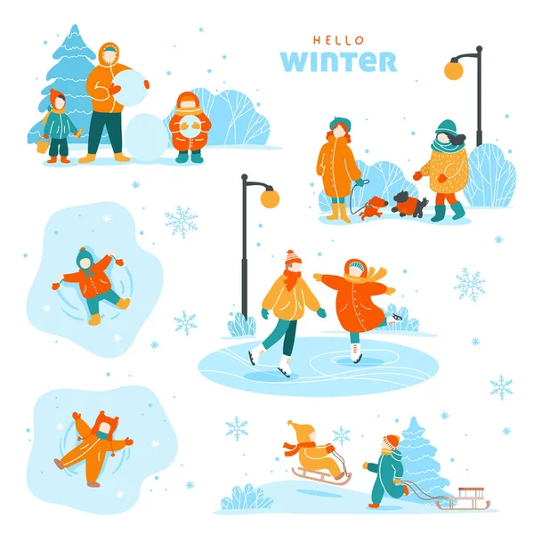 Conjunto Atividades Livre Inverno Adultos Crianças Caminham Parque Cidade Ilustração — Vetor de Stock
