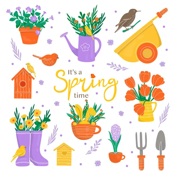 Frühling mit Blumen und Gartengeräten. — Stockvektor