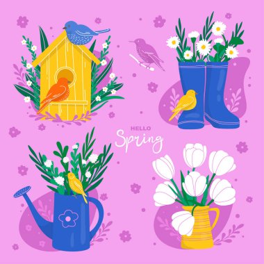 Çiçekler ve bahçe elementleriyle donatılmış bahar..