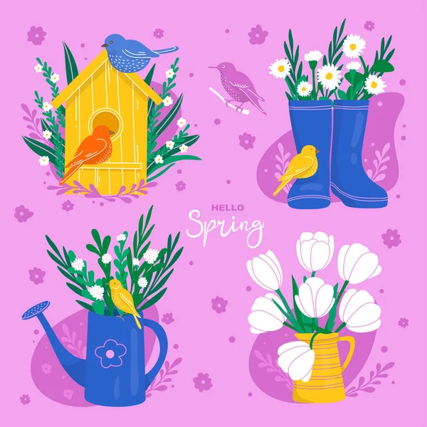 Set de primavera con flores y elementos de jardín. — Vector de stock