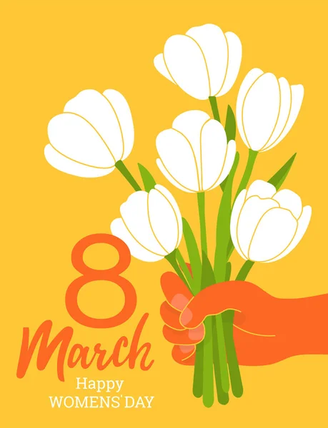 Card with white tulips in hand for Womens Day. — Stock Vector