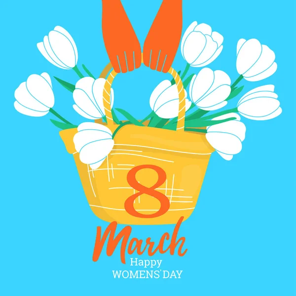 Card with white tulips in a bag for Womens Day. — Stock Vector