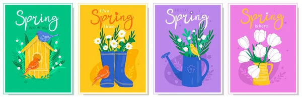 Frühlingskarten mit Blumen und Vögeln. — Stockvektor