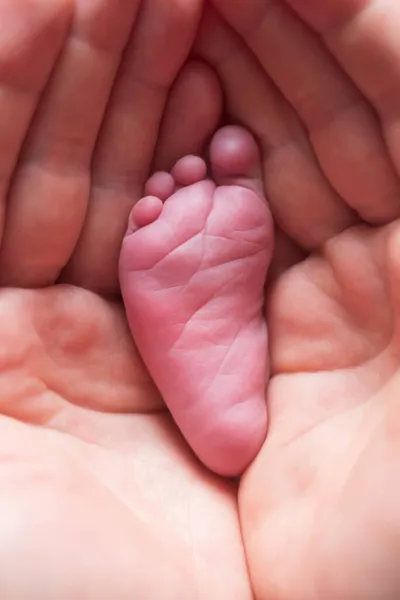 Rodzic trzyma małą stopę nowonarodzonego dziecka. — Zdjęcie stockowe
