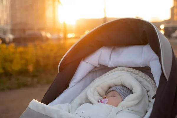 Little baby boy in stroller outdoors. Yellow leaves around him. — Stock Photo, Image