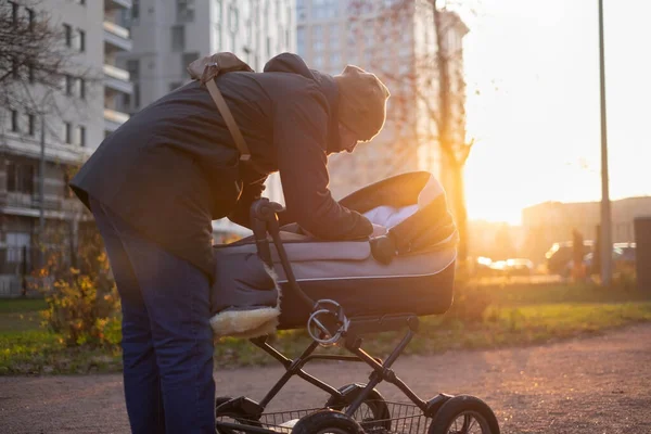 Happy young father with pram during the walk in nature — Stock Photo, Image