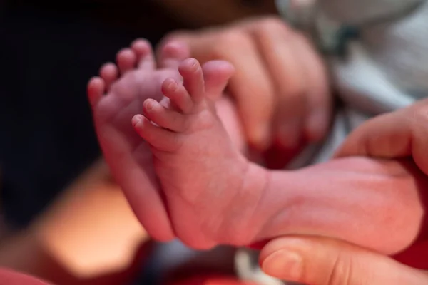 Ouder houden kleine voet van zijn pasgeboren baby. — Stockfoto