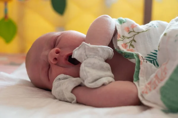 Adorable bebé recién nacido caucásico durmiendo en la cama —  Fotos de Stock