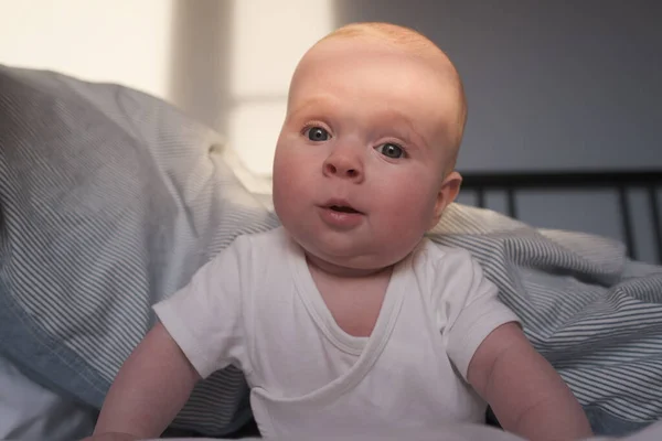 Cute little caucasian infant sitting on bed — ストック写真