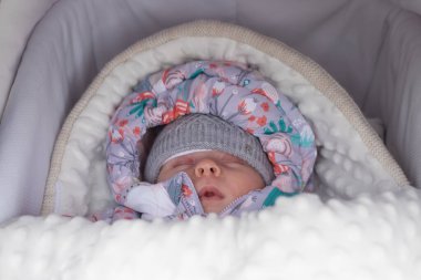 Portrait of sleeping baby in winter park