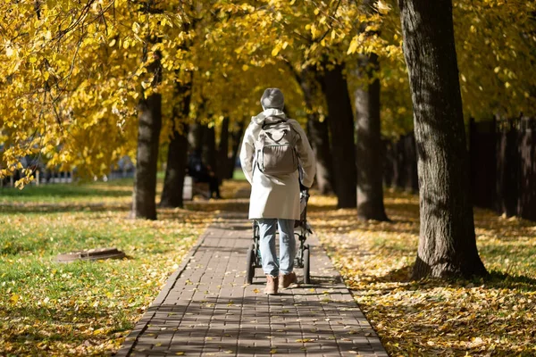 Mother walking in park with a stroller. — Stock Photo, Image