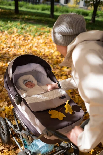 Bir bebek arabası ile parkta yürüyüş anne. — Stok fotoğraf