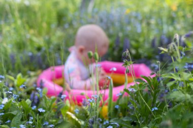 Bebek sıcak bir yaz gününde bahçede köpük banyosunda oturuyor. Açık hava su tedavileri.