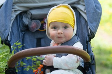 Bebek arabasında oturmuş yeşil yapraklara bakıyor..