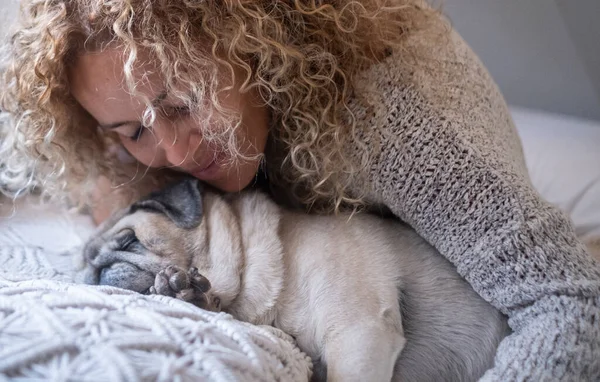 Close Woman Her Dog Pug Sleeping Bed Together Woman Pet — Stock Photo, Image