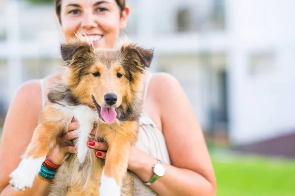 Portrait Woman Smiling While Holding Her Pet Dog Sticking Out — Stock Photo, Image