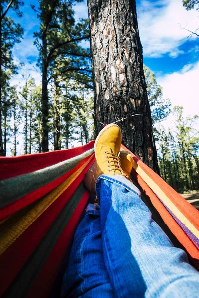 Legs Point View Outdoor Leisure Activity Relax Colorful Hammock Woods — Stock Photo, Image