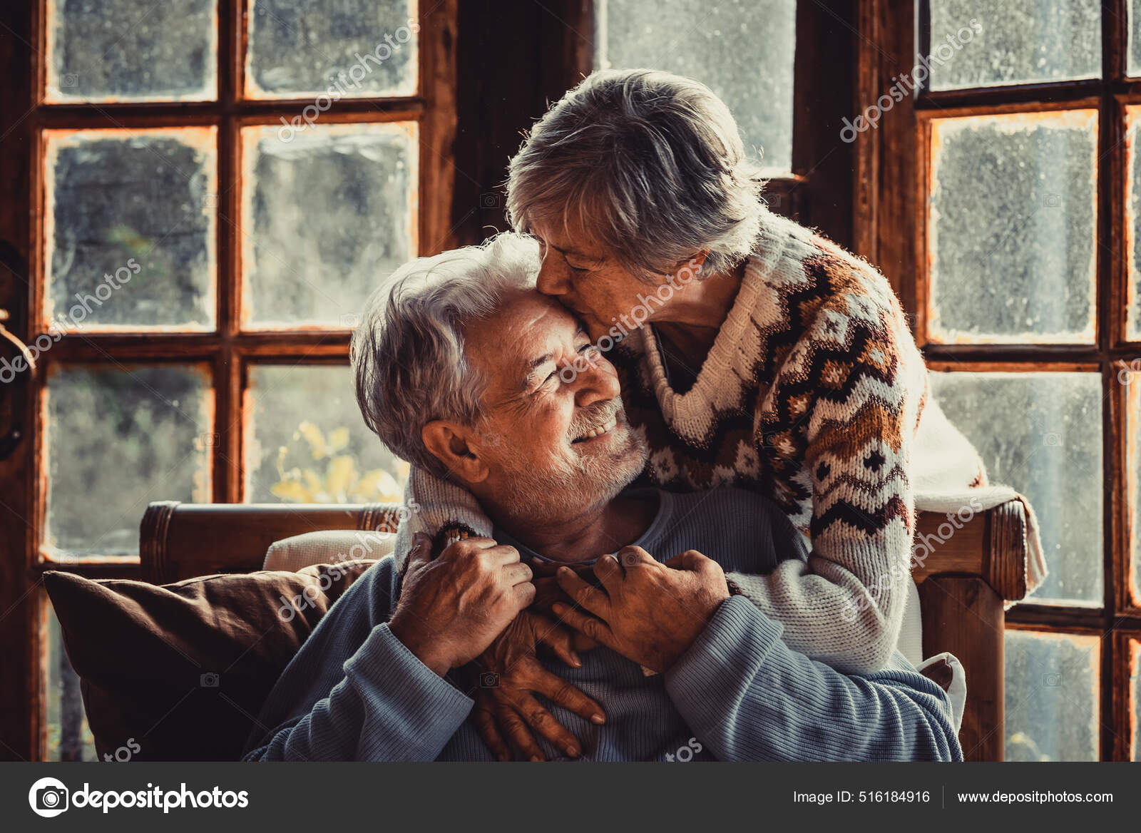 Senior People Home Love Kissing Caring Each Other Happy