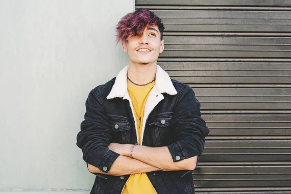 Stylish Handsome Teenage Boy Denim Jacket Burgundy Hair Color Arms — Stock Photo, Image