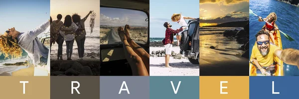 Travel Lifestyle Header Banner Konzept Vertikale Collage Von Bildern Männer — Stockfoto