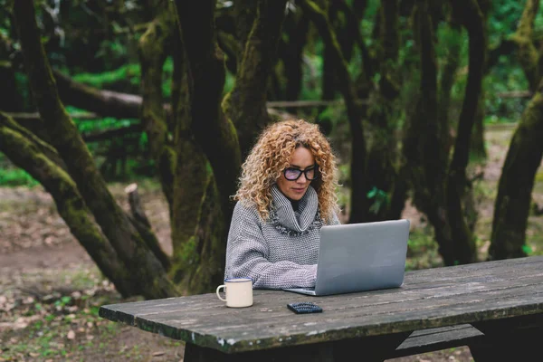 Young Adult Modern Woman Use Computer Laptop Sitting Table Forest — Stock Photo, Image