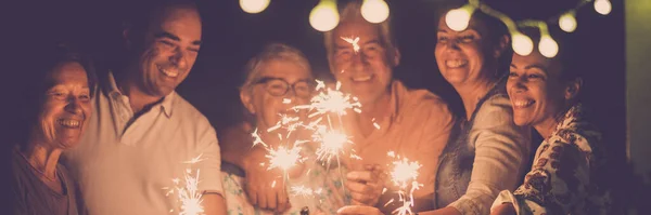 Group People Celebrate Sparkler Friendship Family Men Women Have Fun — Stok fotoğraf